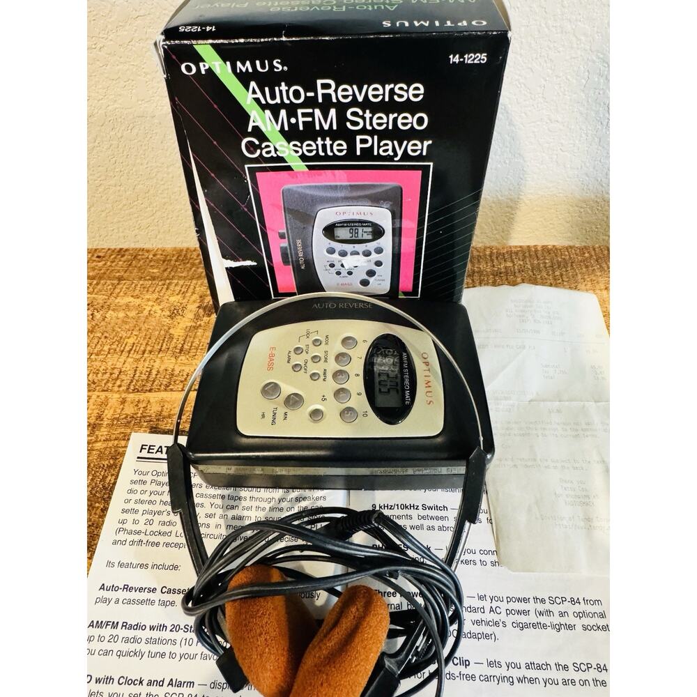 Optimus Auto Reverse AM FM Cassette Player, Manual And Radioshack Receipt -WORKS